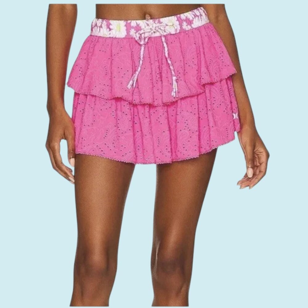 LoveShackFancy Pink Tiered Eyelet Mini Skirt